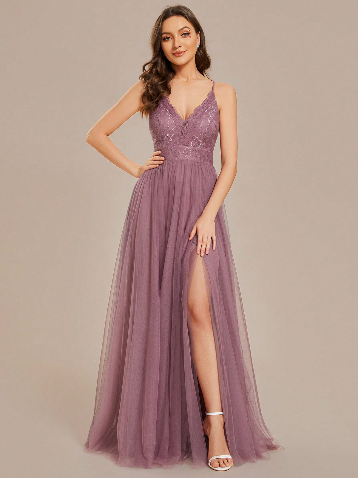 EVER-PRETTY Sexy Deep V Neck Backless Split Lace Hem Bridesmaid Dress