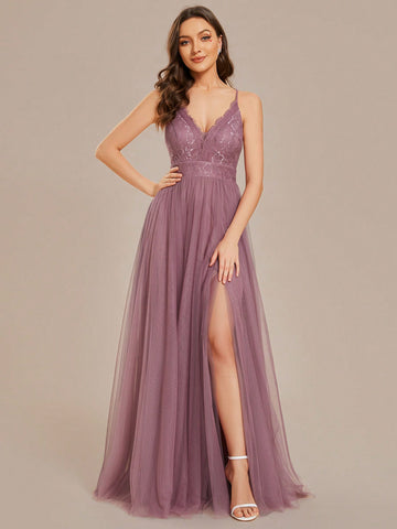 EVER-PRETTY Sexy Deep V Neck Backless Split Lace Hem Bridesmaid Dress