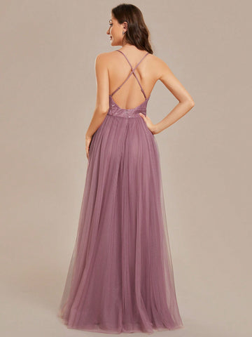 EVER-PRETTY Sexy Deep V Neck Backless Split Lace Hem Bridesmaid Dress