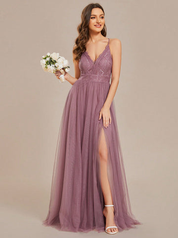 EVER-PRETTY Sexy Deep V Neck Backless Split Lace Hem Bridesmaid Dress