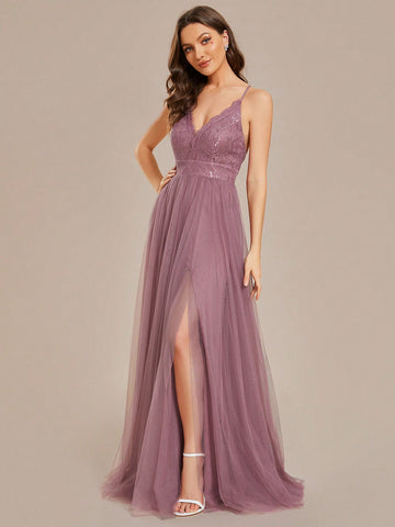 EVER-PRETTY Sexy Deep V Neck Backless Split Lace Hem Bridesmaid Dress