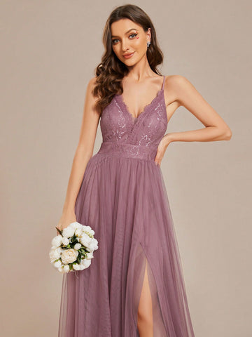 EVER-PRETTY Sexy Deep V Neck Backless Split Lace Hem Bridesmaid Dress