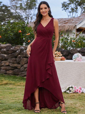 EVER-PRETTY Sleeveless Pleated Chiffon Bridesmaid Dress With Irregular Hemline (Short Front Long Back)