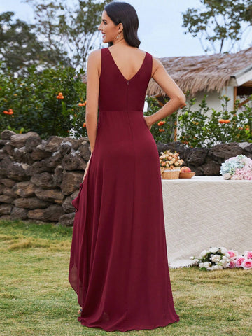 EVER-PRETTY Sleeveless Pleated Chiffon Bridesmaid Dress With Irregular Hemline (Short Front Long Back)