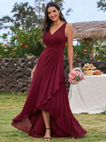 EVER-PRETTY Sleeveless Pleated Chiffon Bridesmaid Dress With Irregular Hemline (Short Front Long Back)