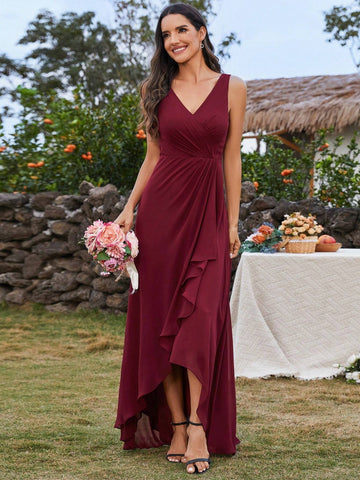 EVER-PRETTY Sleeveless Pleated Chiffon Bridesmaid Dress With Irregular Hemline (Short Front Long Back)