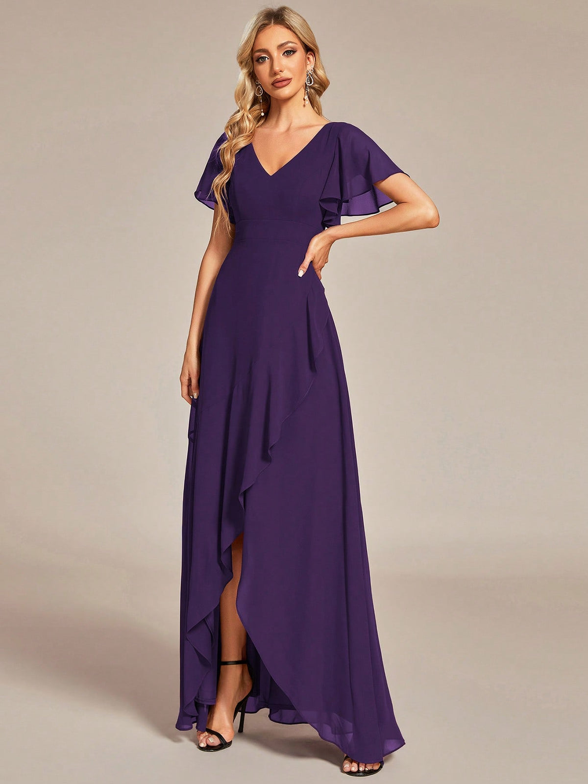 EVER-PRETTY Solid Butterfly Sleeve Wrap Hem Chiffon Formal Dress