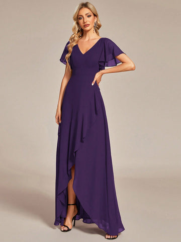 EVER-PRETTY Solid Butterfly Sleeve Wrap Hem Chiffon Formal Dress