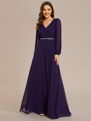 EVER-PRETTY Solid Color Elegant Lantern Sleeve V-neck Bridesmaid Dress