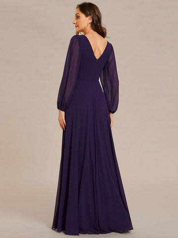 EVER-PRETTY Solid Color Elegant Lantern Sleeve V-neck Bridesmaid Dress