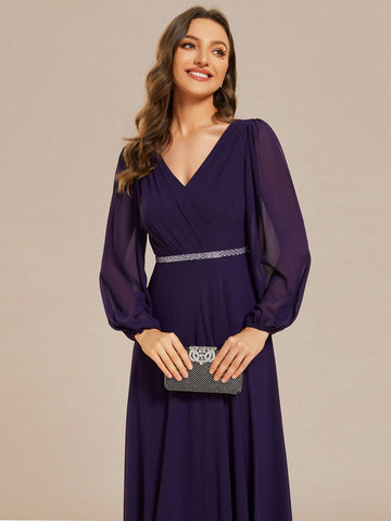 EVER-PRETTY Solid Color Elegant Lantern Sleeve V-neck Bridesmaid Dress