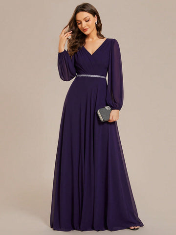 EVER-PRETTY Solid Color Elegant Lantern Sleeve V-neck Bridesmaid Dress