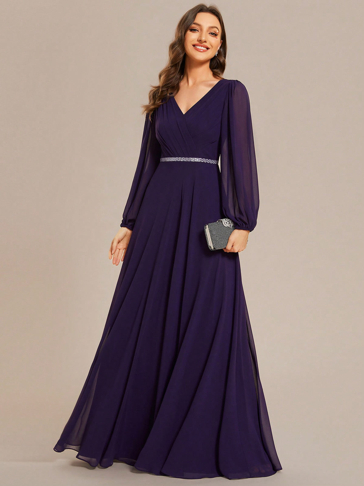 EVER-PRETTY Solid Color Elegant Lantern Sleeve V-neck Bridesmaid Dress