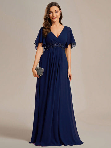 EVER-PRETTY Solid Color Embroidery Ruffle Sleeve Bridesmaid Dress