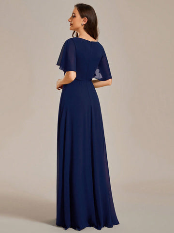 EVER-PRETTY Solid Color Embroidery Ruffle Sleeve Bridesmaid Dress