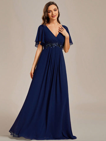 EVER-PRETTY Solid Color Embroidery Ruffle Sleeve Bridesmaid Dress