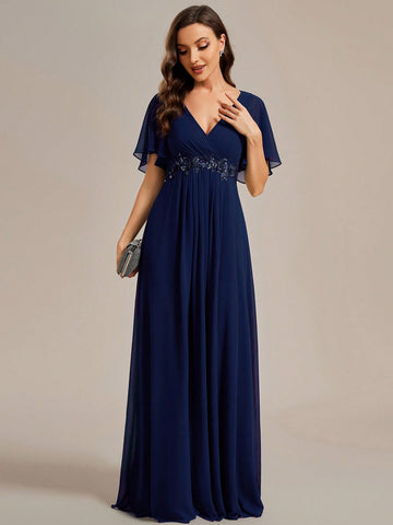 EVER-PRETTY Solid Color Embroidery Ruffle Sleeve Bridesmaid Dress