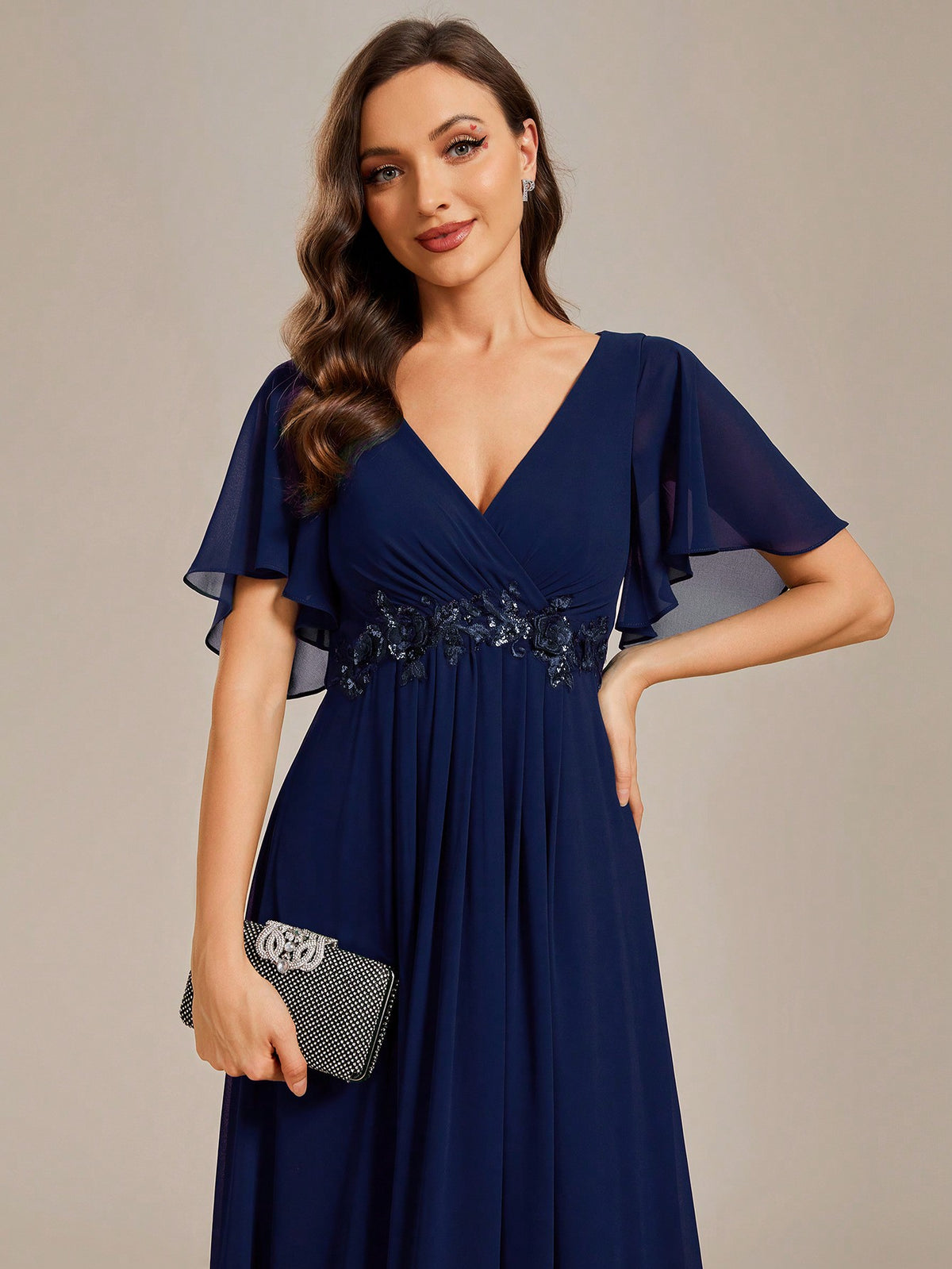 EVER-PRETTY Solid Color Embroidery Ruffle Sleeve Bridesmaid Dress