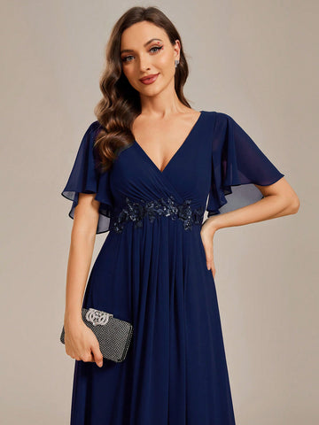 EVER-PRETTY Solid Color Embroidery Ruffle Sleeve Bridesmaid Dress