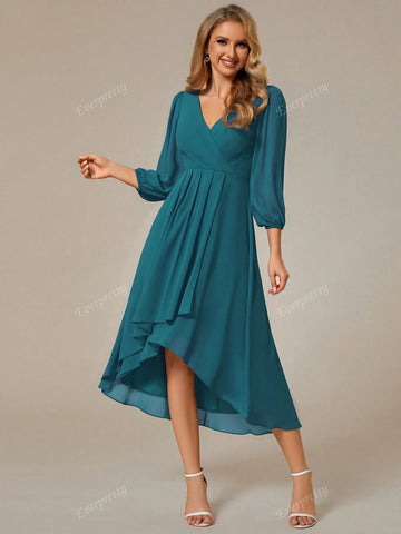 EVER-PRETTY Solid Color Lantern Sleeve Elegant V-Neck Bridesmaid Dress