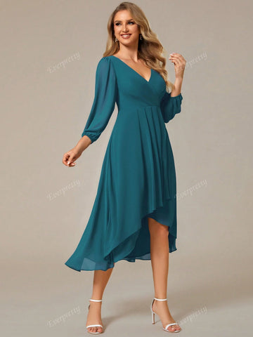 EVER-PRETTY Solid Color Lantern Sleeve Elegant V-Neck Bridesmaid Dress
