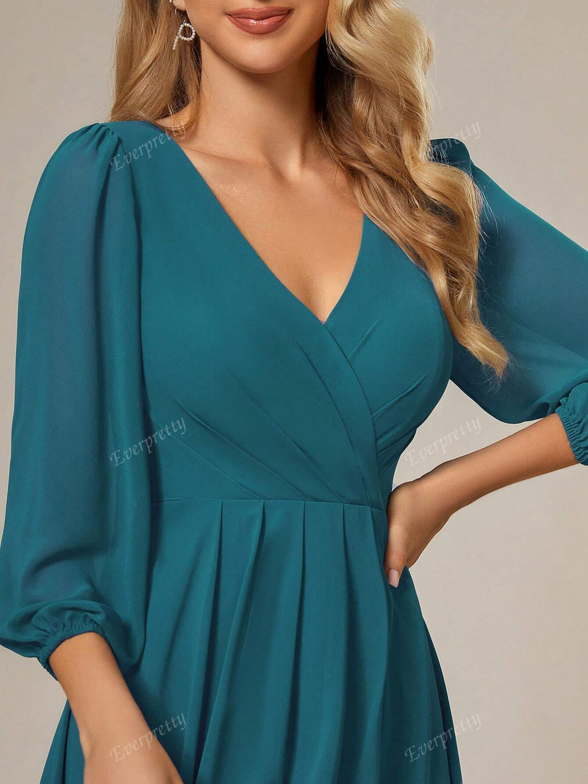 EVER-PRETTY Solid Color Lantern Sleeve Elegant V-Neck Bridesmaid Dress