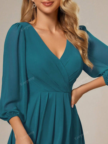 EVER-PRETTY Solid Color Lantern Sleeve Elegant V-Neck Bridesmaid Dress
