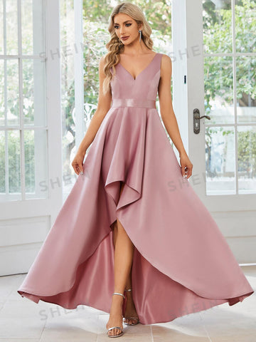 EVER-PRETTY Solid High Low Hem Satin Bridesmaid Dress