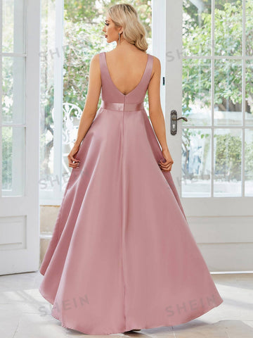 EVER-PRETTY Solid High Low Hem Satin Bridesmaid Dress