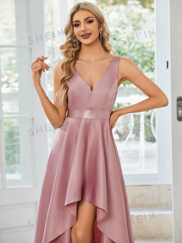 EVER-PRETTY Solid High Low Hem Satin Bridesmaid Dress