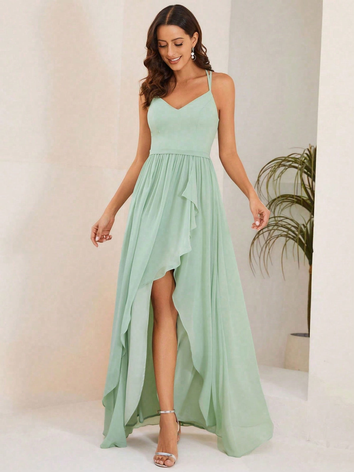 EVER-PRETTY Solid Split Thigh Cami Bridesmaid Dress