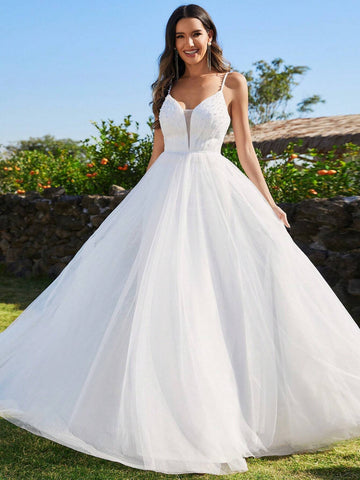 EVER-PRETTY Spaghetti Strap Pearl Beaded Mesh Contrast Wedding Dress