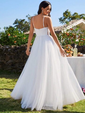 EVER-PRETTY Spaghetti Strap Pearl Beaded Mesh Contrast Wedding Dress