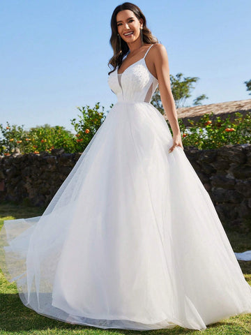 EVER-PRETTY Spaghetti Strap Pearl Beaded Mesh Contrast Wedding Dress