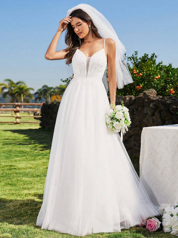 EVER-PRETTY Spaghetti Strap Pearl Beaded Mesh Contrast Wedding Dress