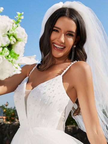 EVER-PRETTY Spaghetti Strap Pearl Beaded Mesh Contrast Wedding Dress