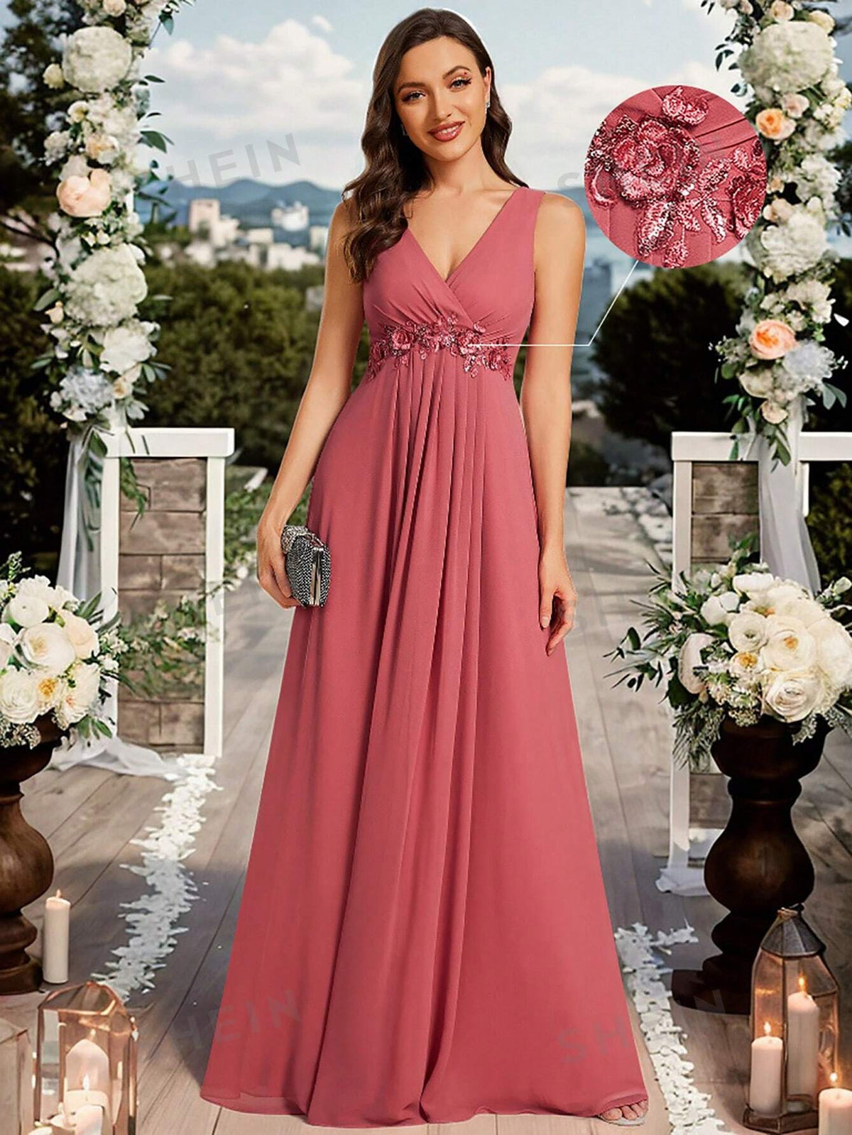 EVER-PRETTY Surplice Neck Appliques Detail Chiffon Formal Dress