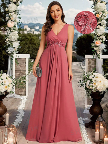 EVER-PRETTY Surplice Neck Appliques Detail Chiffon Formal Dress