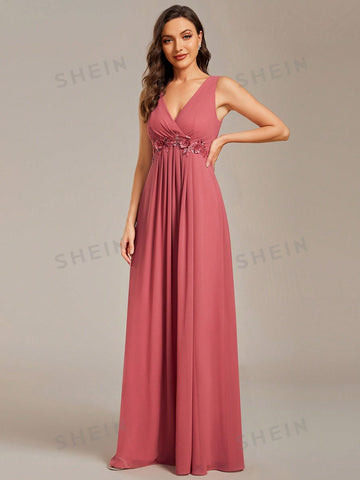 EVER-PRETTY Surplice Neck Appliques Detail Chiffon Formal Dress