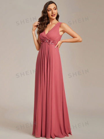 EVER-PRETTY Surplice Neck Appliques Detail Chiffon Formal Dress