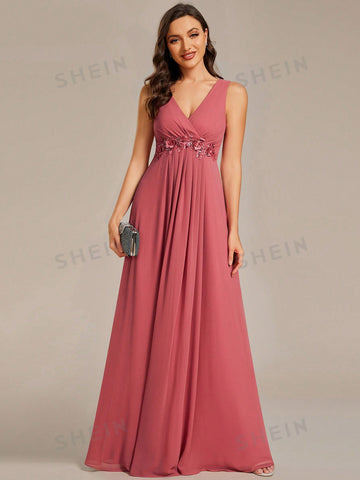 EVER-PRETTY Surplice Neck Appliques Detail Chiffon Formal Dress