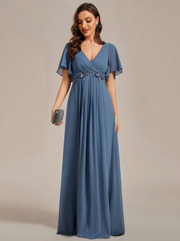 EVER-PRETTY Surplice Neck Butterfly Sleeve Appliques Detail Bridesmaid Dress