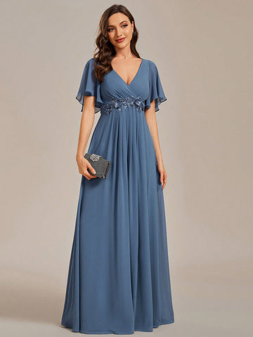 EVER-PRETTY Surplice Neck Butterfly Sleeve Appliques Detail Bridesmaid Dress