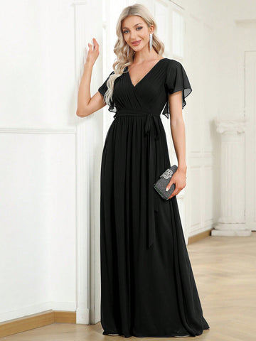 EVER-PRETTY Surplice Neck Butterfly Sleeve Belted Dress