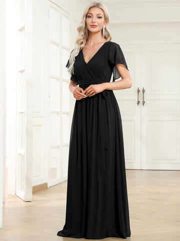 EVER-PRETTY Surplice Neck Butterfly Sleeve Belted Dress
