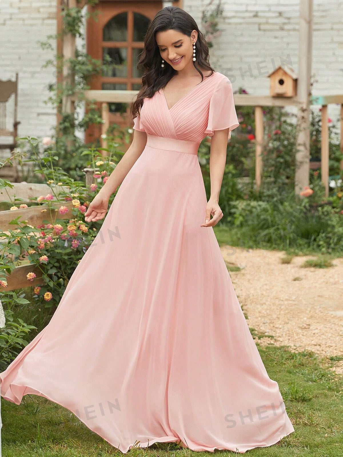 EVER-PRETTY Surplice Neck Butterfly Sleeve Chiffon Maxi Bridesmaid Dress