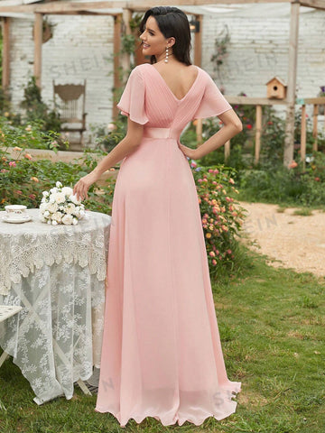 EVER-PRETTY Surplice Neck Butterfly Sleeve Chiffon Maxi Bridesmaid Dress