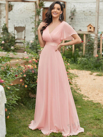 EVER-PRETTY Surplice Neck Butterfly Sleeve Chiffon Maxi Bridesmaid Dress