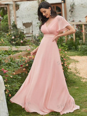EVER-PRETTY Surplice Neck Butterfly Sleeve Chiffon Maxi Bridesmaid Dress