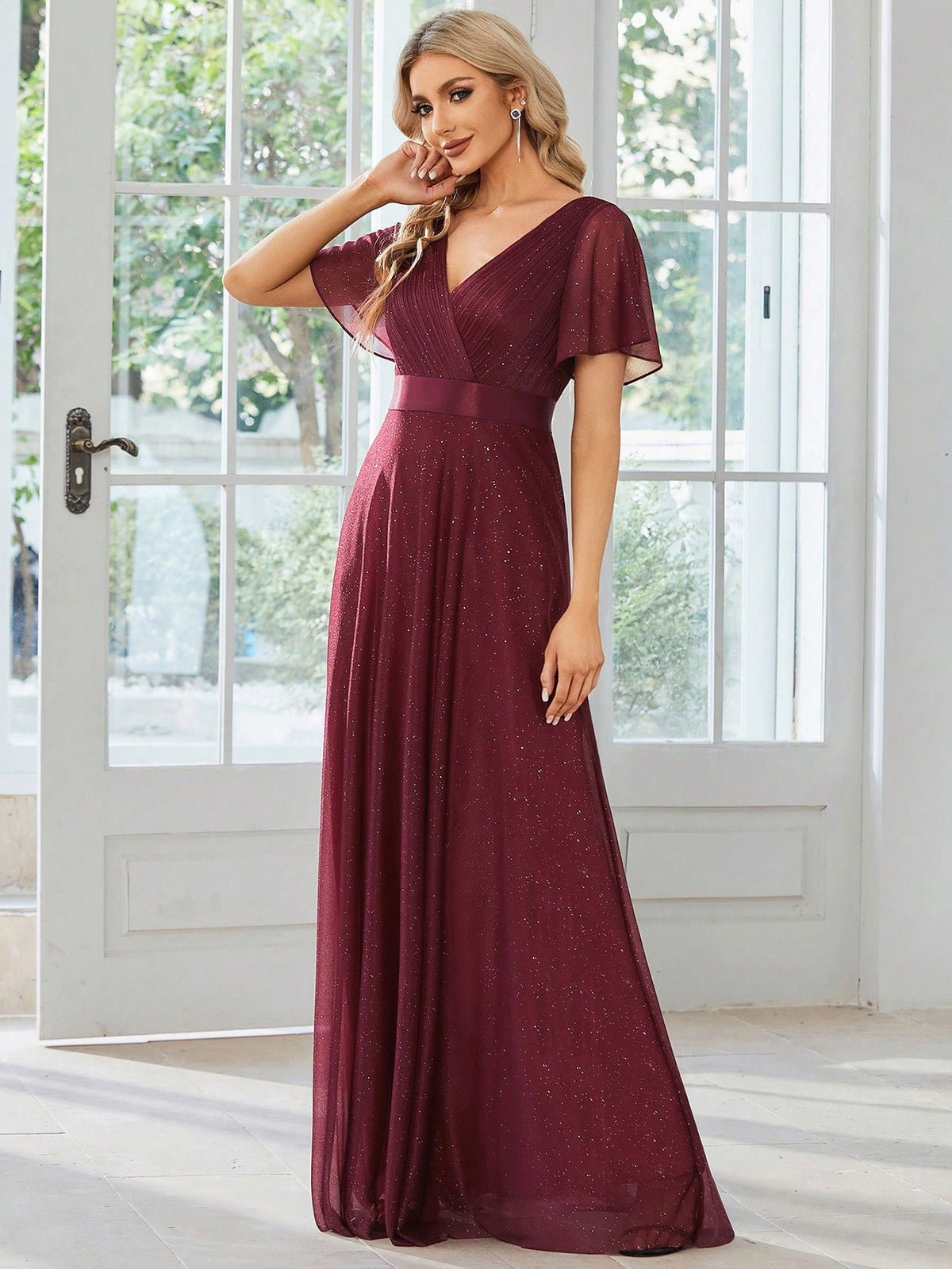 EVER-PRETTY Surplice Neck Butterfly Sleeve Glitter Bridesmaid Dress